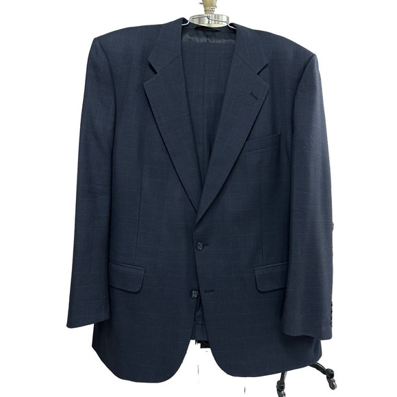 VTG Burberrys Mob Boss 100% Pure Wool Blue Houndstooth Plaid Men Suit 48R - Picture 1 of 15